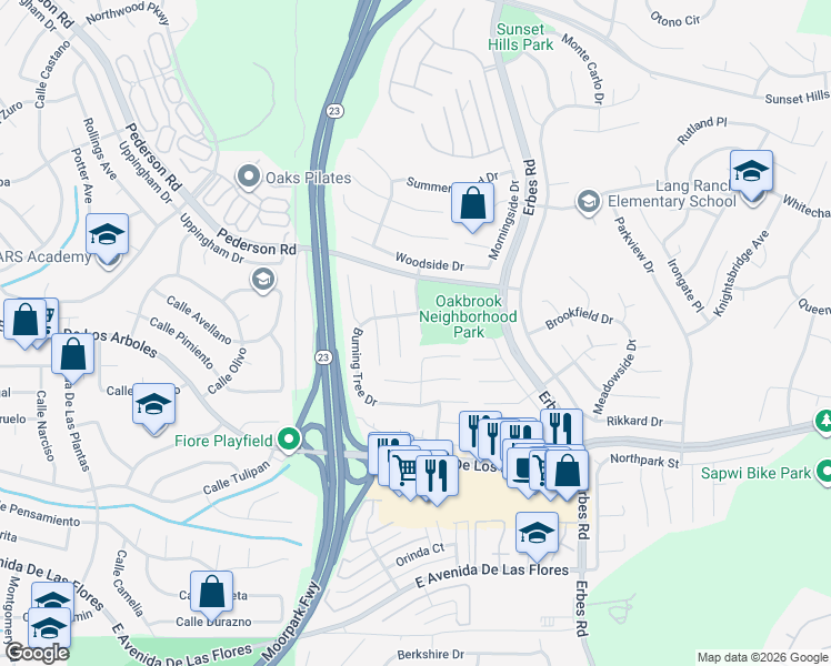 map of restaurants, bars, coffee shops, grocery stores, and more near 2751 Rustic Glen Drive in Thousand Oaks