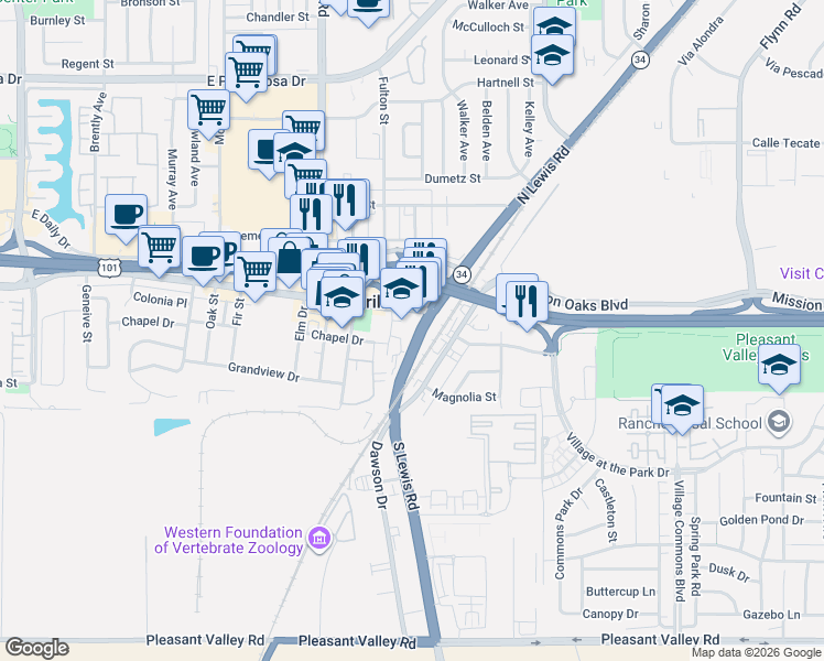 map of restaurants, bars, coffee shops, grocery stores, and more near 2616 Ventura Boulevard in Camarillo