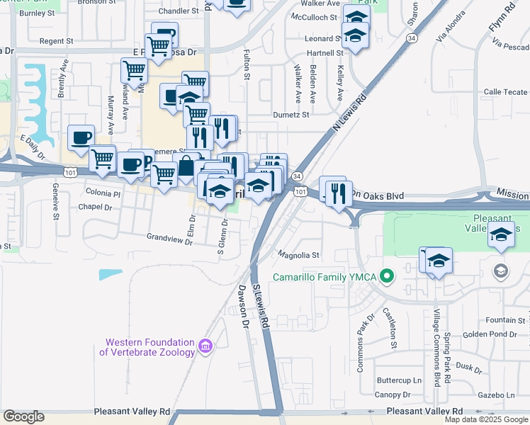 map of restaurants, bars, coffee shops, grocery stores, and more near 2616 Ventura Boulevard in Camarillo
