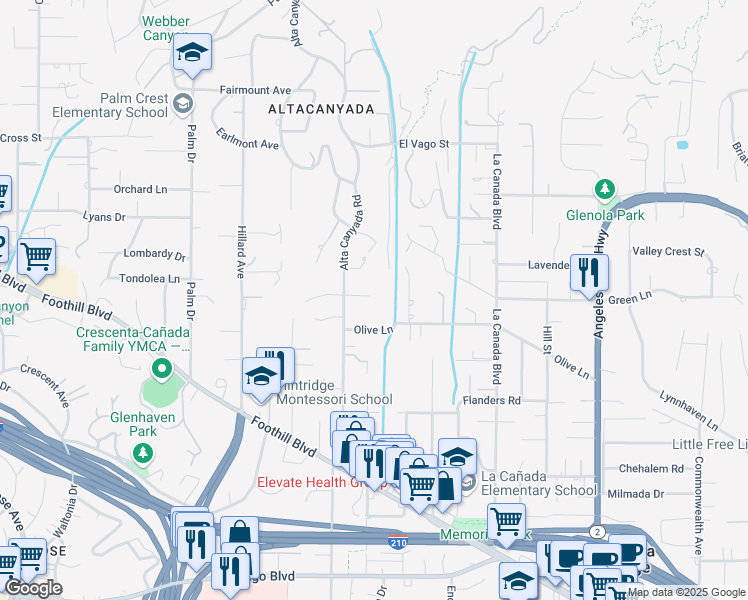 map of restaurants, bars, coffee shops, grocery stores, and more near 1502 Alta Park Lane in La Cañada Flintridge