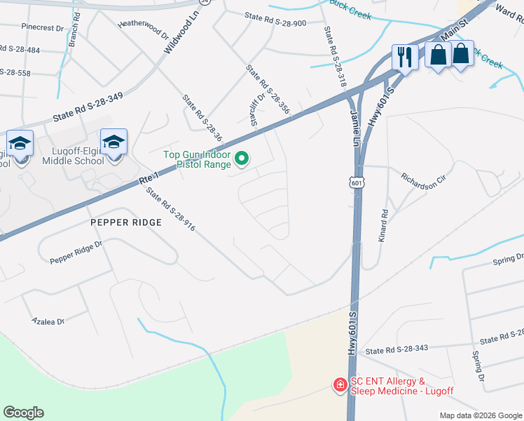 map of restaurants, bars, coffee shops, grocery stores, and more near 2-260 Sandhill Rd in Lugoff