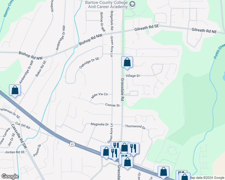 map of restaurants, bars, coffee shops, grocery stores, and more near 211 Green Acre Lane in Cartersville