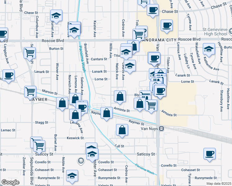 map of restaurants, bars, coffee shops, grocery stores, and more near 14745 Blythe Street in Los Angeles
