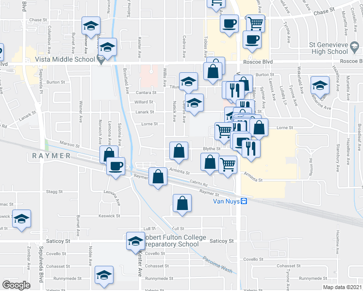 map of restaurants, bars, coffee shops, grocery stores, and more near 14721 Blythe Street in Los Angeles