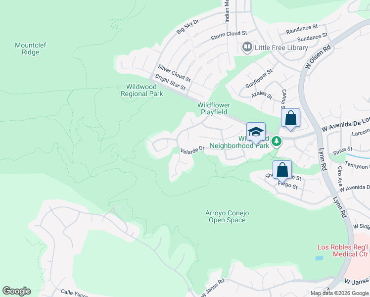 map of restaurants, bars, coffee shops, grocery stores, and more near 2686 Velarde Drive in Thousand Oaks