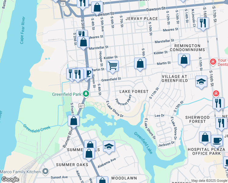 map of restaurants, bars, coffee shops, grocery stores, and more near 6 Summit Walk in Wilmington
