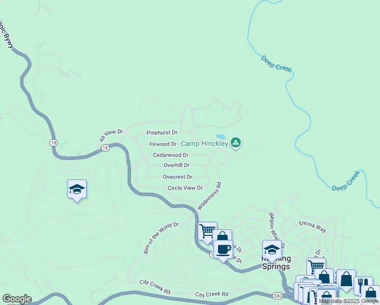 map of restaurants, bars, coffee shops, grocery stores, and more near 31470 Cedarwood Drive in Running Springs