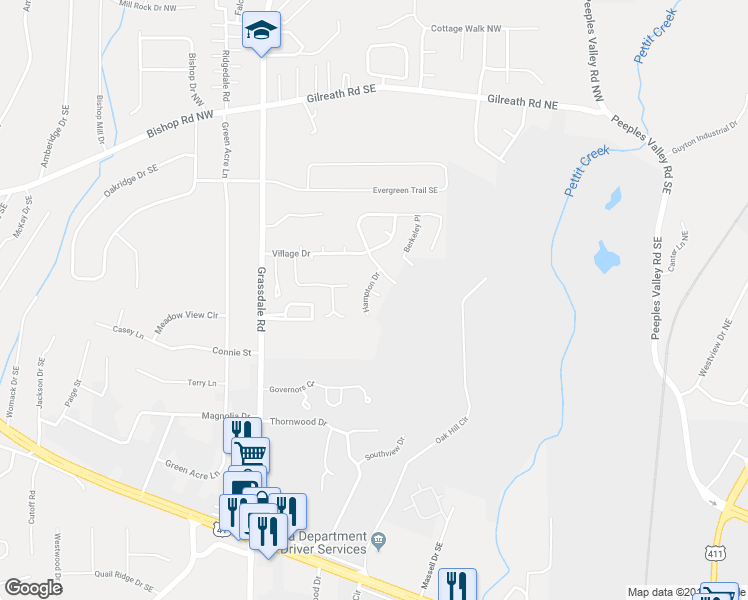 map of restaurants, bars, coffee shops, grocery stores, and more near 16 Haley Place in Cartersville