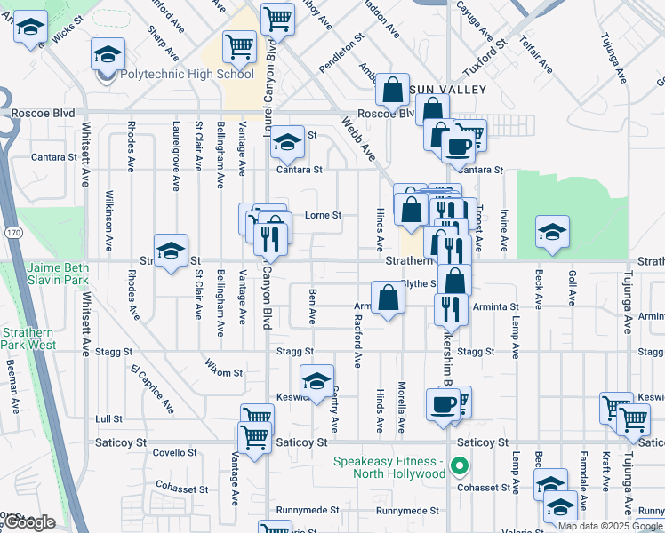 map of restaurants, bars, coffee shops, grocery stores, and more near 11942 Strathern Street in Los Angeles
