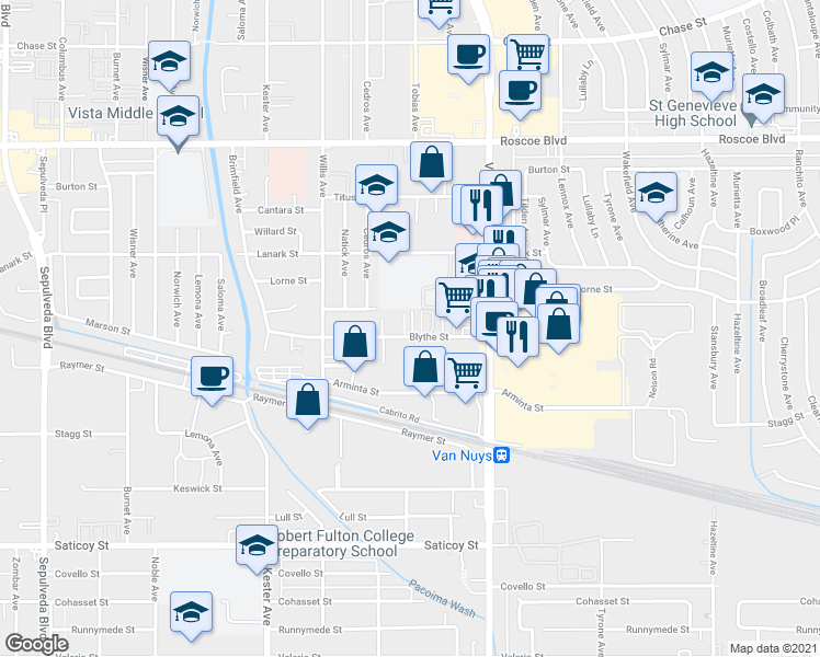 map of restaurants, bars, coffee shops, grocery stores, and more near 14631 Blythe Street in Los Angeles