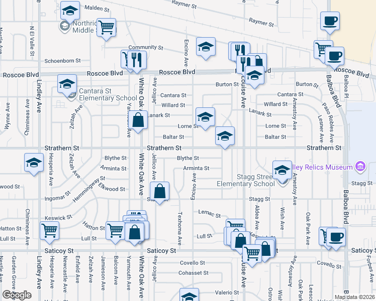 map of restaurants, bars, coffee shops, grocery stores, and more near 17508 Strathern Street in Los Angeles