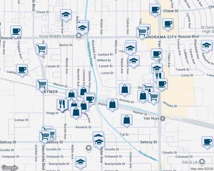 map of restaurants, bars, coffee shops, grocery stores, and more near 14839 Blythe Street in Los Angeles