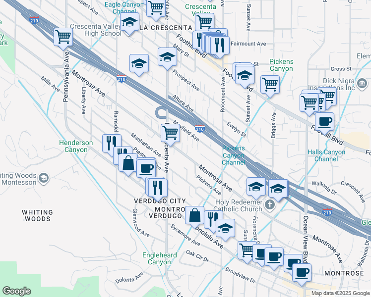 map of restaurants, bars, coffee shops, grocery stores, and more near 2738 Montrose Avenue in Glendale