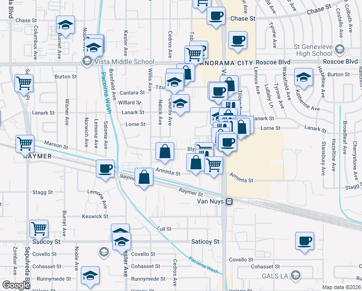 map of restaurants, bars, coffee shops, grocery stores, and more near 14655 Blythe Street in Los Angeles