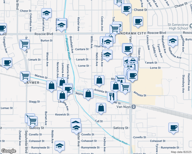 map of restaurants, bars, coffee shops, grocery stores, and more near 14752 Blythe Street in Los Angeles