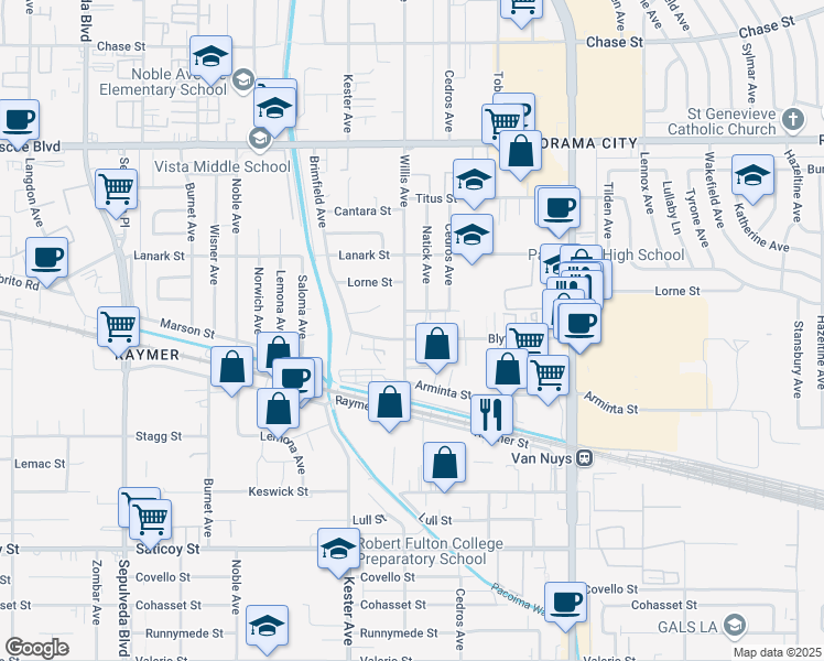 map of restaurants, bars, coffee shops, grocery stores, and more near 14752 Blythe Street in Los Angeles