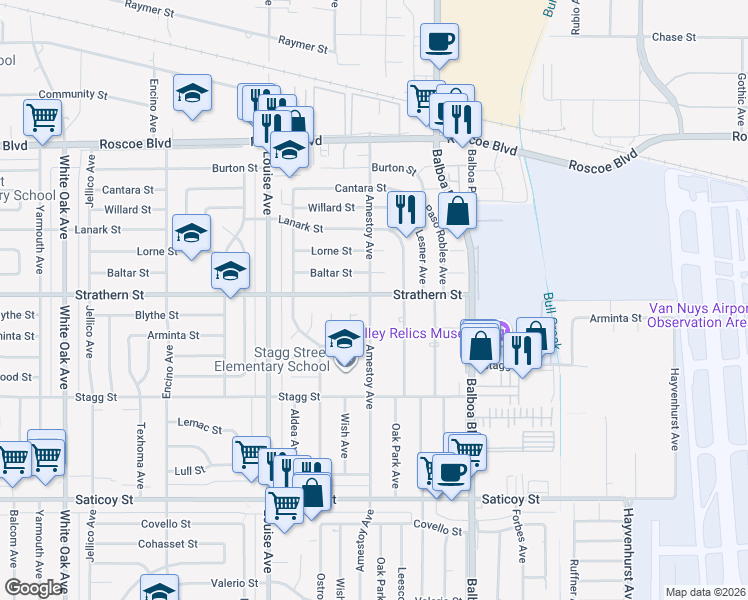 map of restaurants, bars, coffee shops, grocery stores, and more near 7958 Amestoy Avenue in Los Angeles