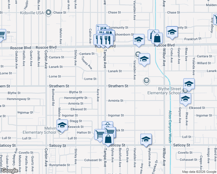 map of restaurants, bars, coffee shops, grocery stores, and more near 19230 Strathern Street in Los Angeles