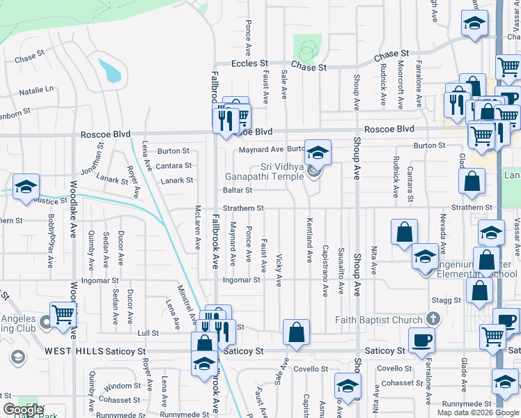 map of restaurants, bars, coffee shops, grocery stores, and more near 7943 Vicky Avenue in Los Angeles
