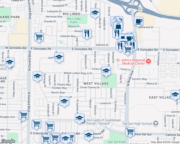 map of restaurants, bars, coffee shops, grocery stores, and more near 1341 Opalo Drive in Oxnard