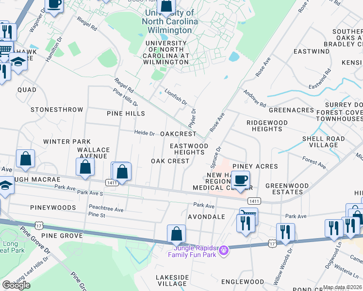 map of restaurants, bars, coffee shops, grocery stores, and more near 230 Oakcrest Dr in Wilmington
