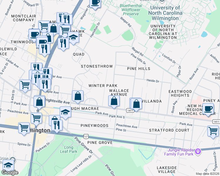 map of restaurants, bars, coffee shops, grocery stores, and more near 227 Wallace Avenue North in Wilmington