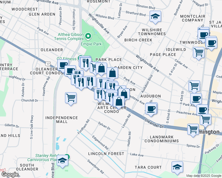 map of restaurants, bars, coffee shops, grocery stores, and more near 3801 Oleander Drive in Wilmington