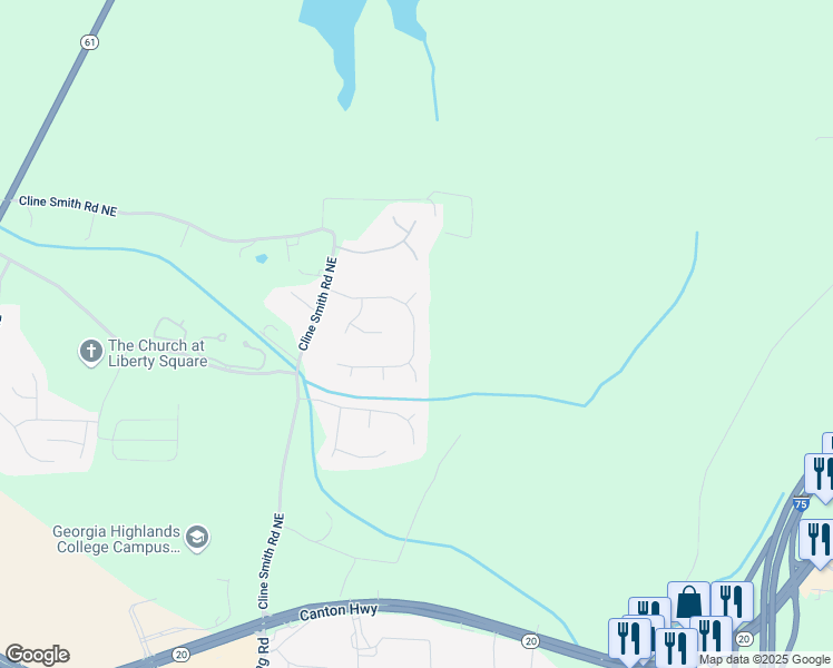 map of restaurants, bars, coffee shops, grocery stores, and more near 31 Churchill Downs Northeast in Cartersville