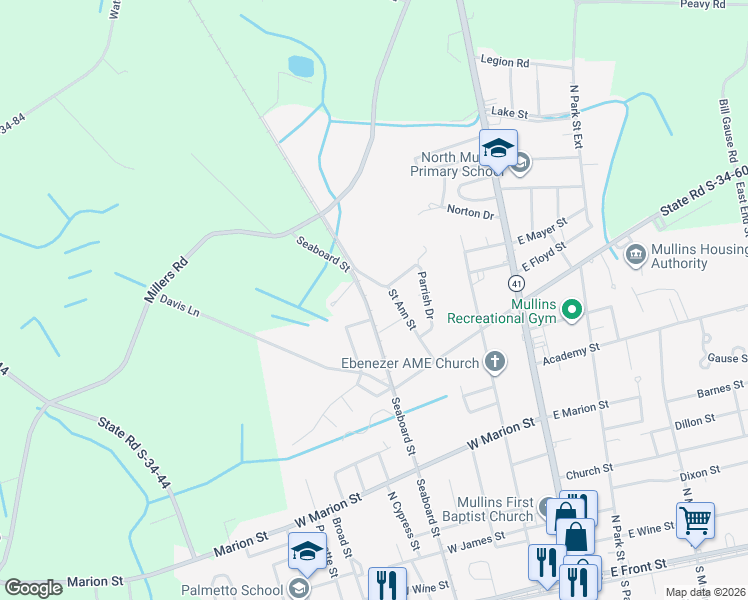 map of restaurants, bars, coffee shops, grocery stores, and more near 821 Saint Ann Street in Mullins