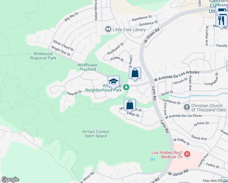 map of restaurants, bars, coffee shops, grocery stores, and more near 620 Velarde Drive in Thousand Oaks