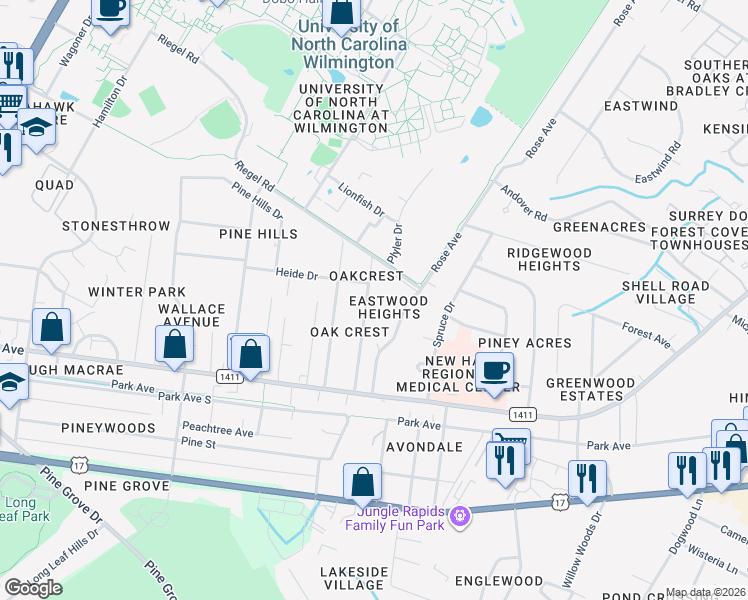 map of restaurants, bars, coffee shops, grocery stores, and more near 230 Oakcrest Dr in Wilmington