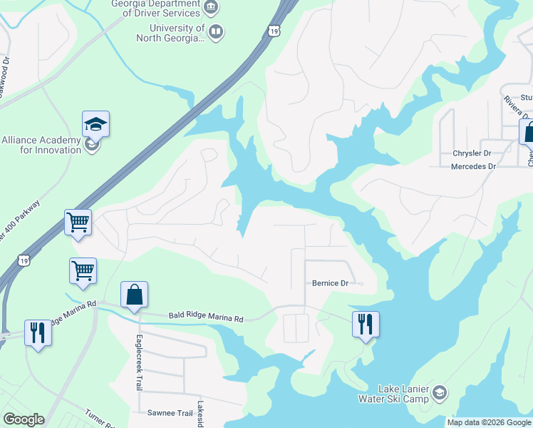 map of restaurants, bars, coffee shops, grocery stores, and more near 2405 Peachtree Road in Cumming
