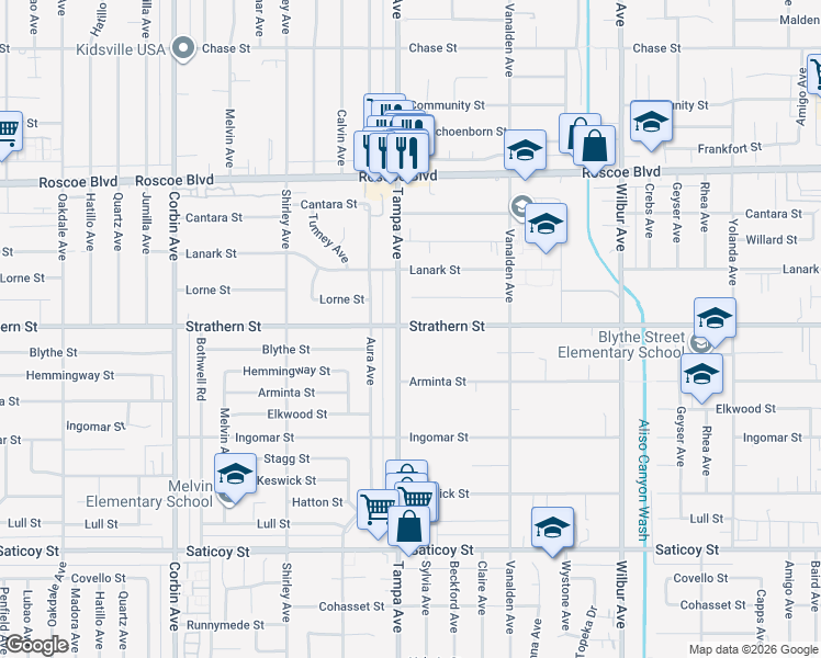 map of restaurants, bars, coffee shops, grocery stores, and more near 19258 Strathern Street in Los Angeles