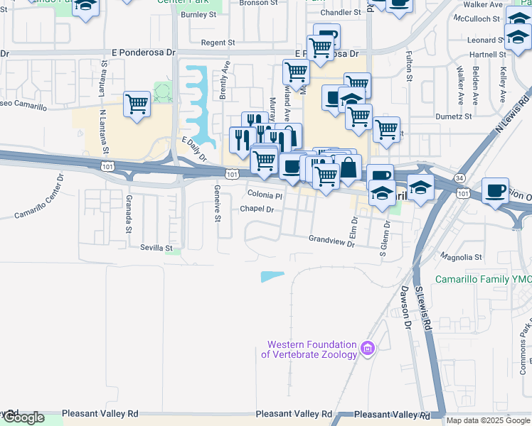 map of restaurants, bars, coffee shops, grocery stores, and more near 155 Cedar Drive in Camarillo