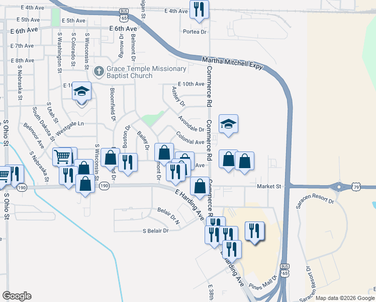 map of restaurants, bars, coffee shops, grocery stores, and more near 2802 Claremont Avenue in Pine Bluff