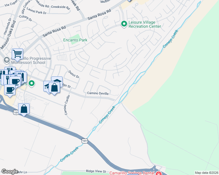 map of restaurants, bars, coffee shops, grocery stores, and more near 5681 Calle Sencillo in Camarillo
