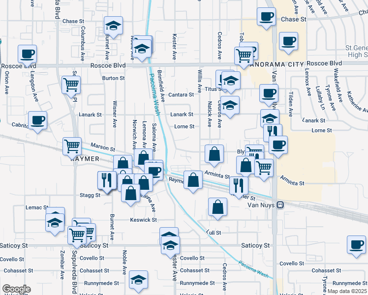 map of restaurants, bars, coffee shops, grocery stores, and more near 14839 Blythe Street in Los Angeles