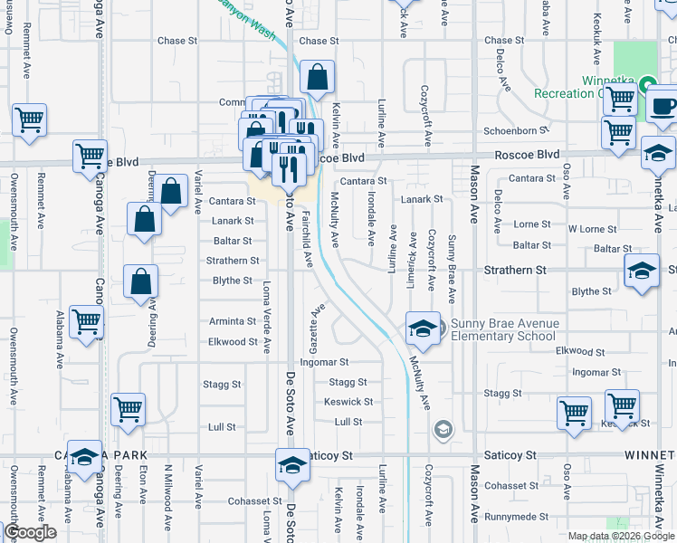 map of restaurants, bars, coffee shops, grocery stores, and more near 8015 McNulty Avenue in Los Angeles