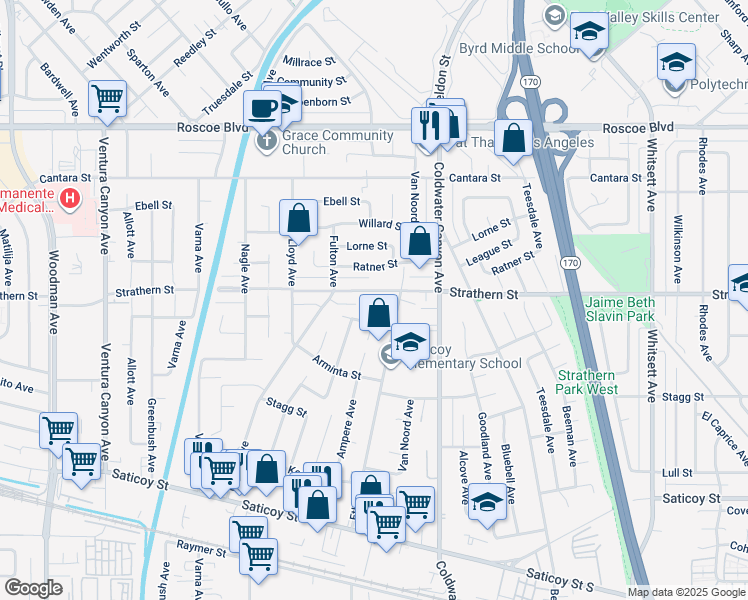 map of restaurants, bars, coffee shops, grocery stores, and more near 13031 Blythe Street in Los Angeles