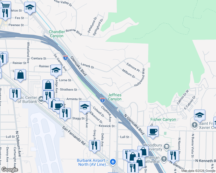 map of restaurants, bars, coffee shops, grocery stores, and more near 7888 Glenoaks Boulevard in Los Angeles