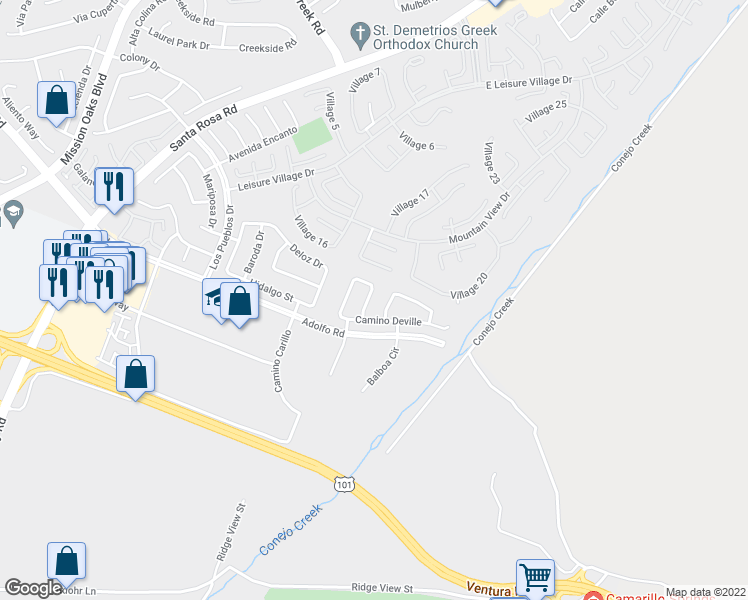 map of restaurants, bars, coffee shops, grocery stores, and more near 206 Camino El Rincon in Camarillo