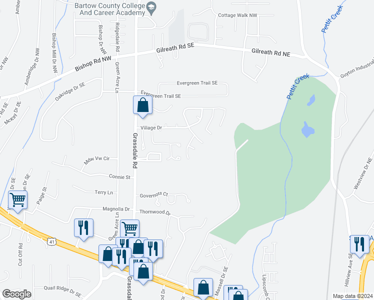 map of restaurants, bars, coffee shops, grocery stores, and more near 33 Hampton Drive in Cartersville