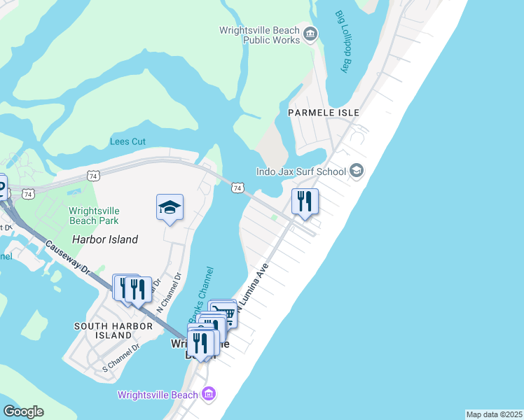 map of restaurants, bars, coffee shops, grocery stores, and more near 24 West Greensboro Street in Wrightsville Beach