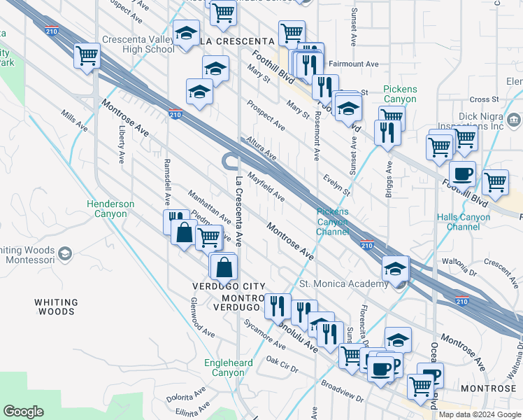 map of restaurants, bars, coffee shops, grocery stores, and more near 2738 Montrose Avenue in Glendale