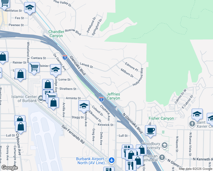 map of restaurants, bars, coffee shops, grocery stores, and more near 7888 Glenoaks Boulevard in Los Angeles