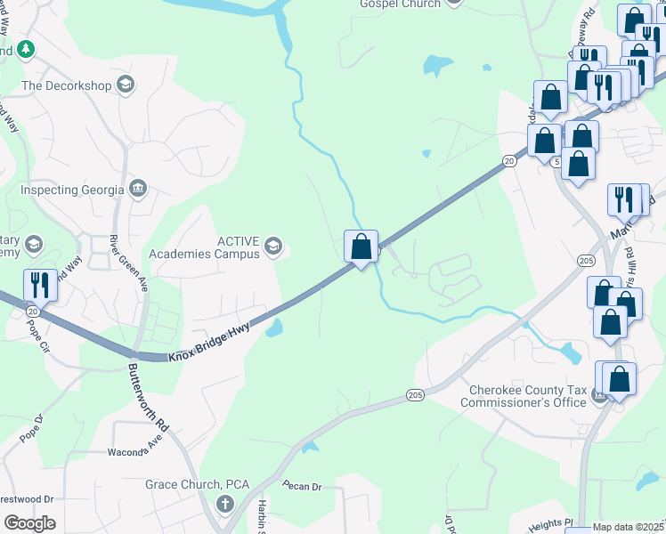 map of restaurants, bars, coffee shops, grocery stores, and more near 8896 Knox Bridge Highway in Canton