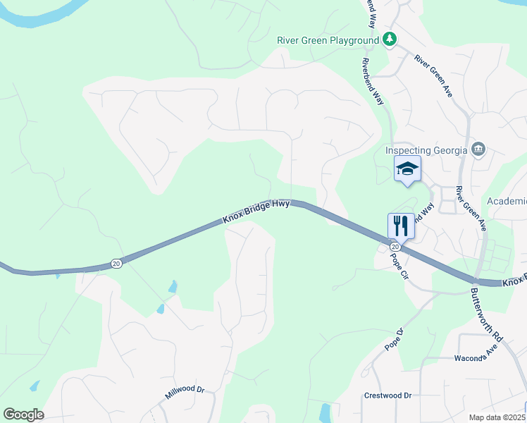 map of restaurants, bars, coffee shops, grocery stores, and more near 7382 Knox Bridge Highway in Canton