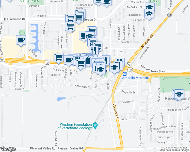 map of restaurants, bars, coffee shops, grocery stores, and more near 2325 Chapel Drive in Camarillo