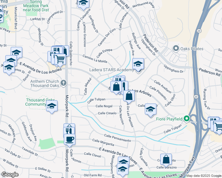 map of restaurants, bars, coffee shops, grocery stores, and more near East Avenida De Los Arboles in Thousand Oaks