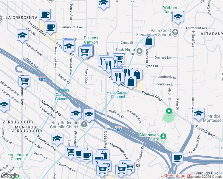 map of restaurants, bars, coffee shops, grocery stores, and more near 2257 Barton Lane in La Crescenta-Montrose
